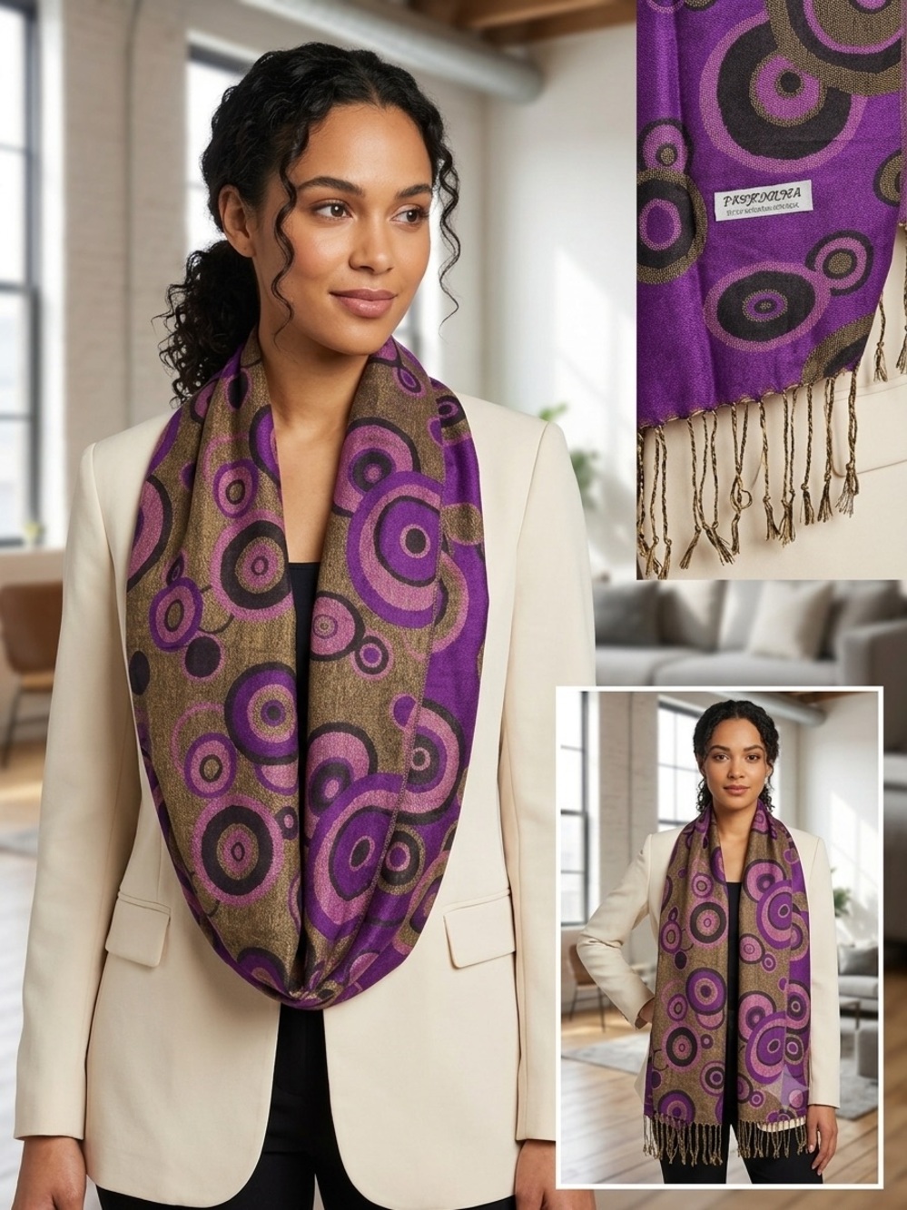 Vintage Purple & Gold Geometric Circle Pattern Pashmina Silk Blend Scarf Wrap